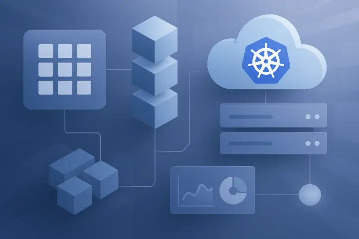 Arquitectura cloud-native amb Kubernetes que mostra contenidors, un clúster autoescalable, monitoratge i el desplegament d’aplicacions en una plataforma PaaS gestionada.